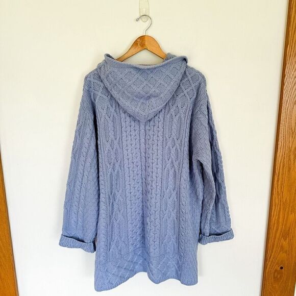 Aran Crafts Blue  Vintage Merino Wool Longer Length Full Zip Hooded Fisherman Kn - Picture 3 of 9